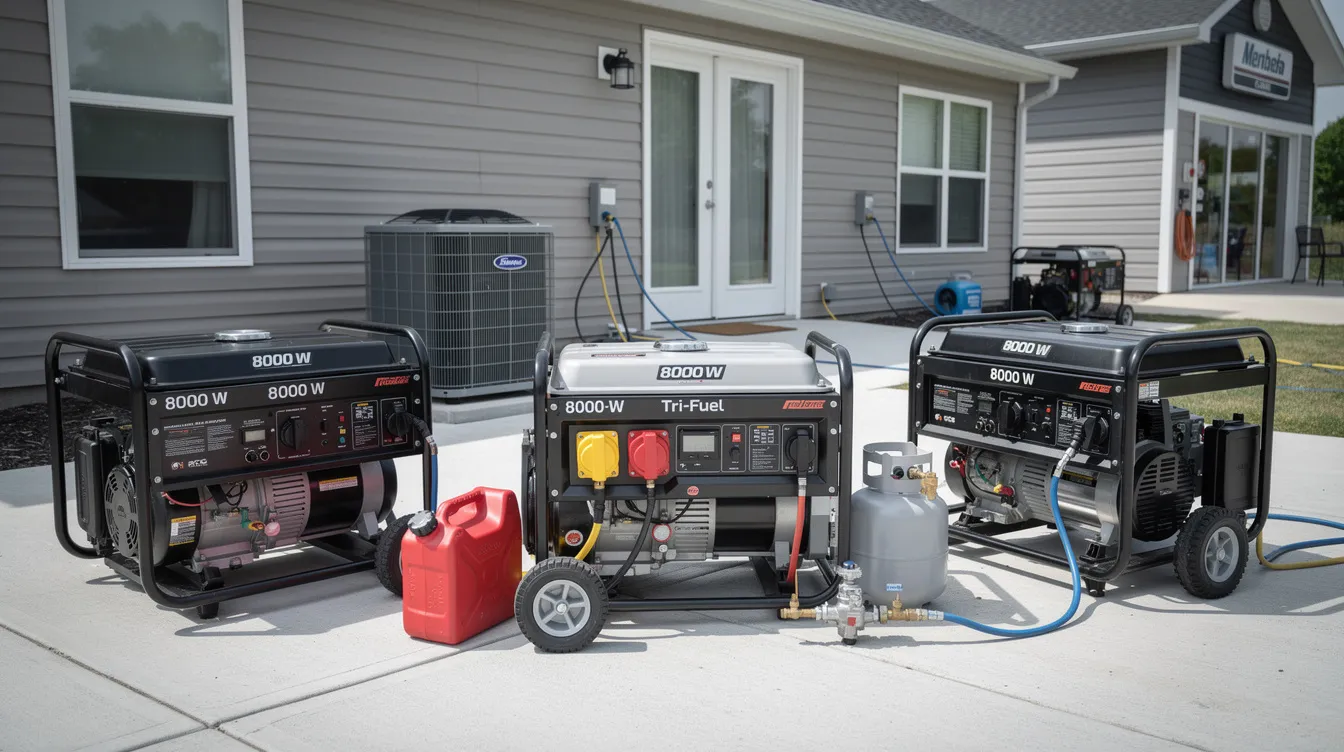 0f58ef5231714023887c0509e134be7b The image depicts a large portable generator designed for residential homes and small businesses showcasing its tri fuel capability to run on gasoline propane or natural gas This powerful generator is ideal for supporting central HVAC systems and multiple appliances emphasizing safety features like carbon monoxide sensors for reliable outdoor operation in Houston Texas