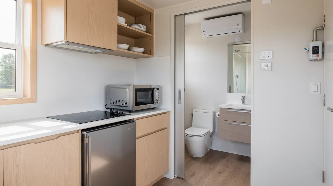 104965a515794498a1a699df3e45e4ef The image showcases a modern tiny home kitchen featuring compact appliances such as a half size refrigerator a two burner induction cooktop and a small countertop oven all designed for efficient tiny living The bathroom includes a low flow fixture and a composting toilet emphasizing space saving solutions and sustainable practices in tiny home design