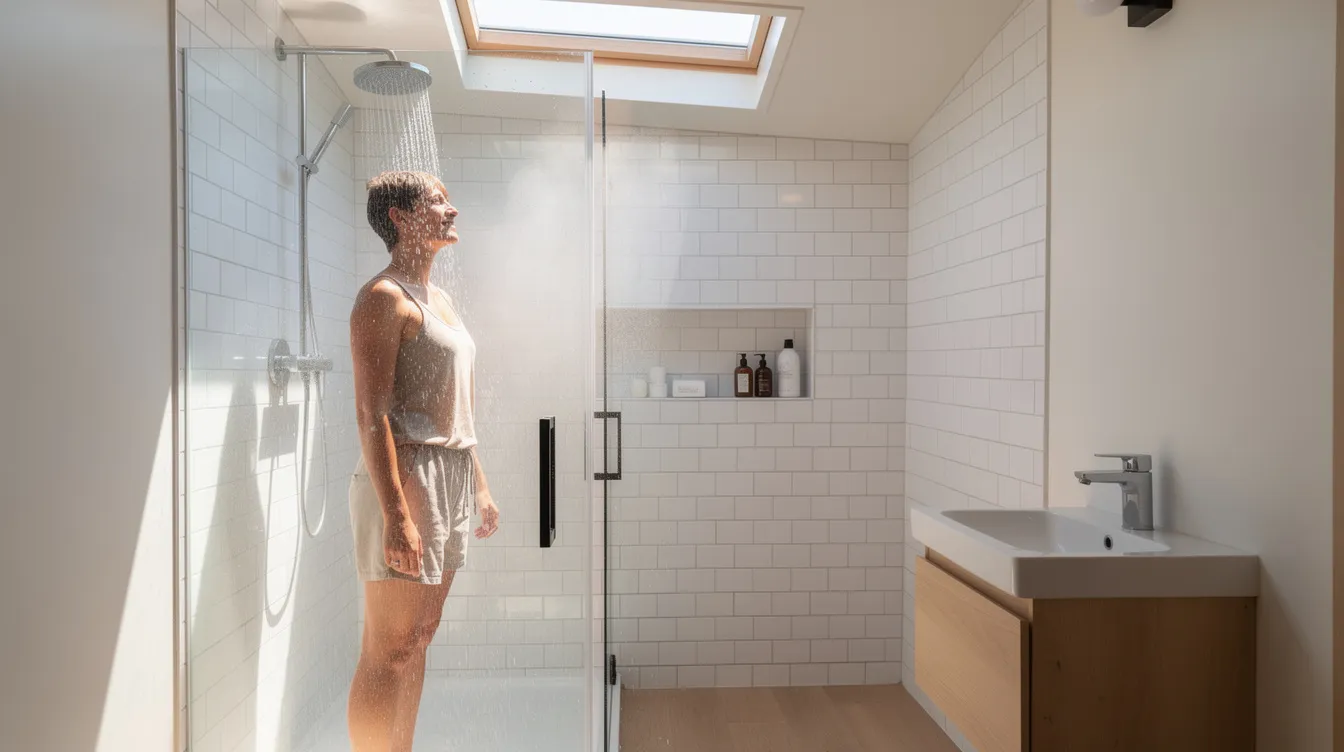 109aa744885a4535b55ba4c92057c59b A person is standing comfortably in a small tiled shower stall within a bright tiny house bathroom featuring a skylight that allows natural light to fill the space The compact bathroom design maximizes available space while maintaining a functional and airy feel typical of modern tiny houses