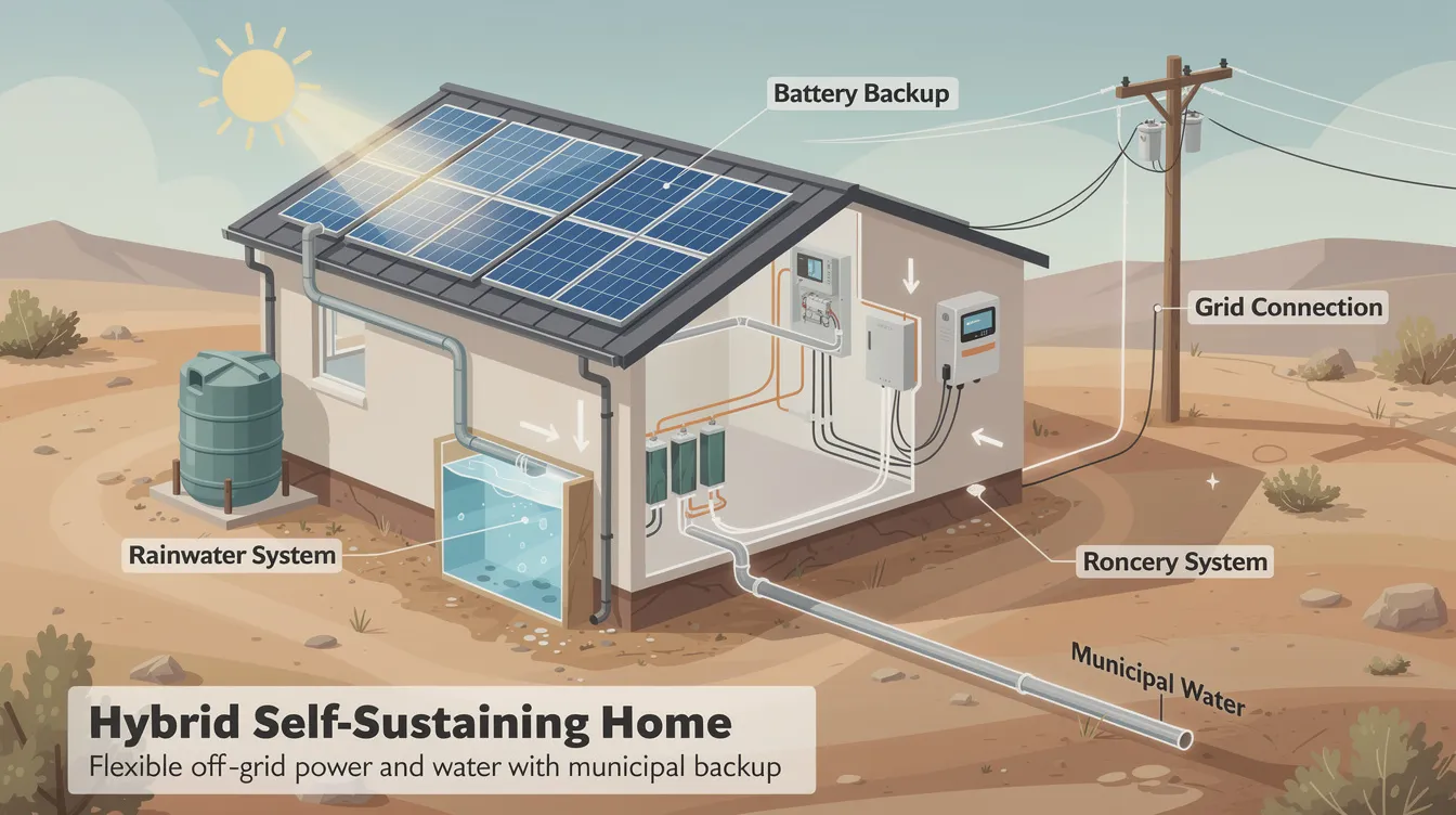 1232135b6b7c46e4b5d6a981437e384d The image depicts a hybrid self sustaining tiny house designed for off grid living featuring a sleek modern design with solar panels on the roof and a rainwater collection system This eco friendly structure offers a flexible living space that can connect to municipal utilities making it an ideal option for those seeking energy efficiency in extreme climates