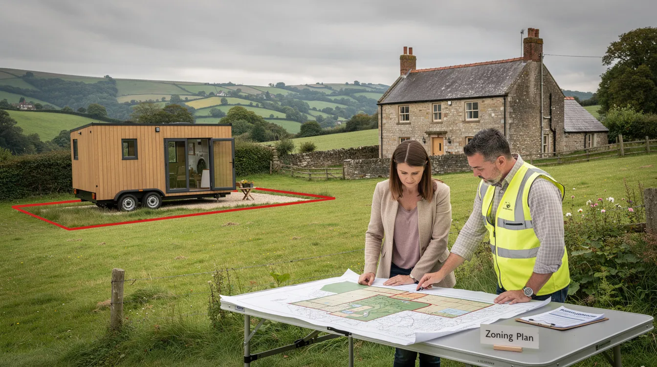 An image depicting a tiny house nestled in a picturesque landscape, showcasing the beauty of sustainable living and thoughtful design. The compact home is surrounded by nature, highlighting the importance of planning permission and zoning regulations for tiny houses in the UK.