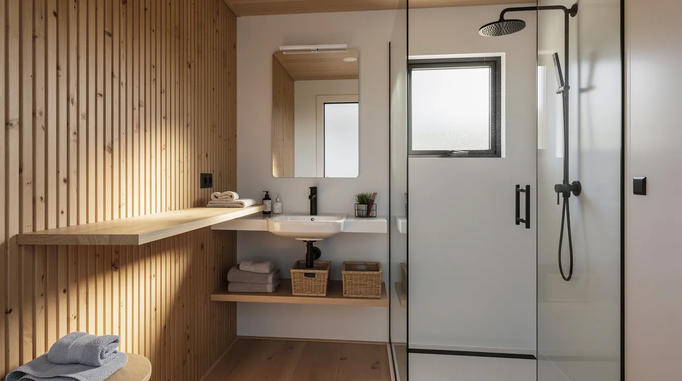 138d8f948d014ff0bde108d44b07ca26 The image depicts a compact tiny home bathroom featuring a walk in shower and a wall mounted sink designed with natural wood accents to create a warm atmosphere This efficiently organized space includes ample storage solutions making the most of such a small area while allowing natural light to enhance the overall bathroom design