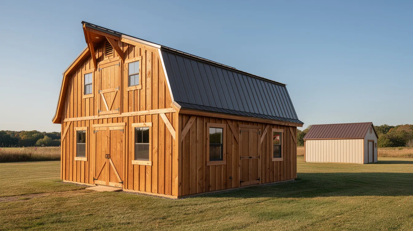 13d80630f1a140e498475e342613421f The image showcases a barn style storage cabin featuring a distinctive gambrel roof that enhances its rustic charm and maximizes overhead space With higher sidewalls and a spacious porch this cabin shed is ideal for heavy storage needs and future conversions making it a perfect addition to rural properties