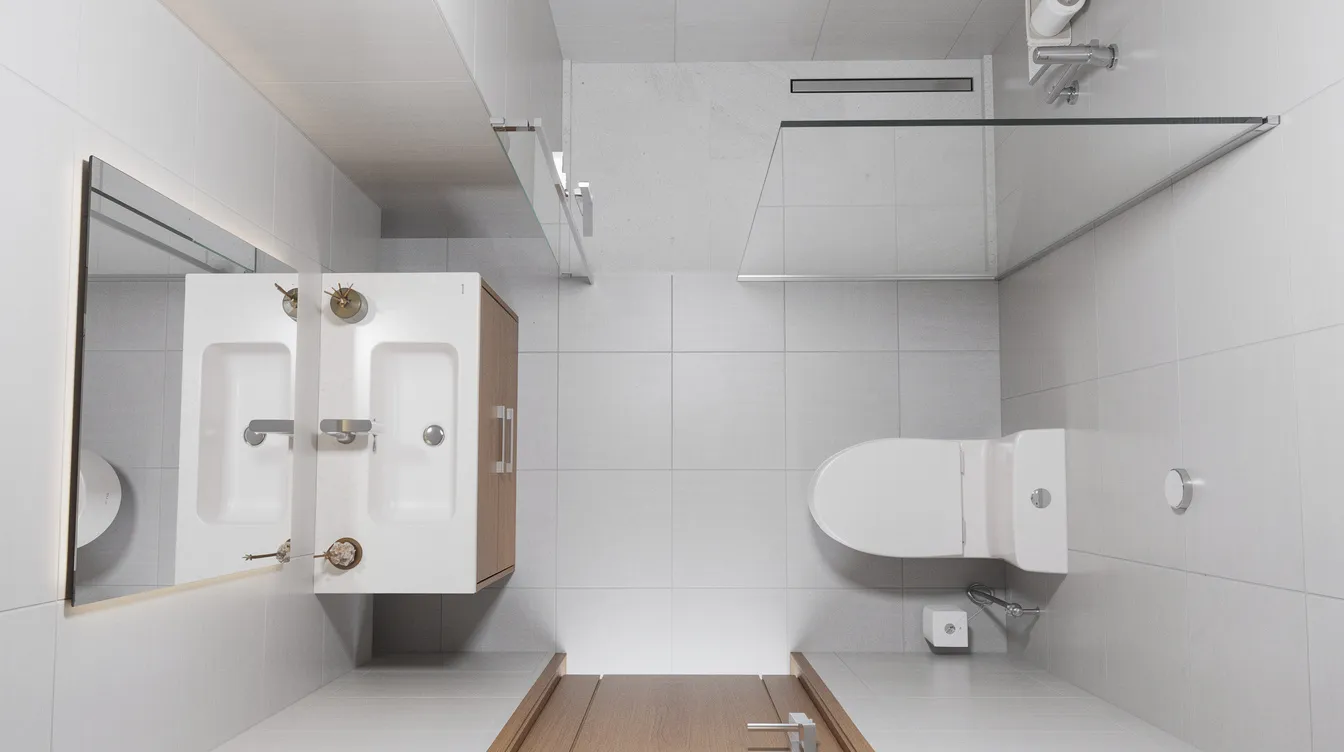 14bb4a6ca8b649c59c34526f69b633da An overhead view of a small bathroom showcases a well organized layout featuring a bathroom vanity with a sink a toilet and a shower all arranged to allow for a clear walking path The space includes a vanity cabinet with drawers for storage and the overall design maximizes functionality in small spaces