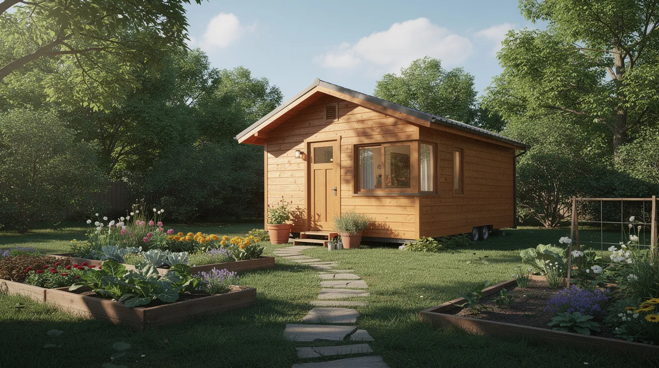 165f8441881c42b694a4966a37c04249 A charming tiny house made of wood is surrounded by a lush green backyard filled with trees and a vibrant garden showcasing the essence of tiny home living This idyllic setting reflects the growing tiny house movement emphasizing the beauty of small living spaces in harmony with nature