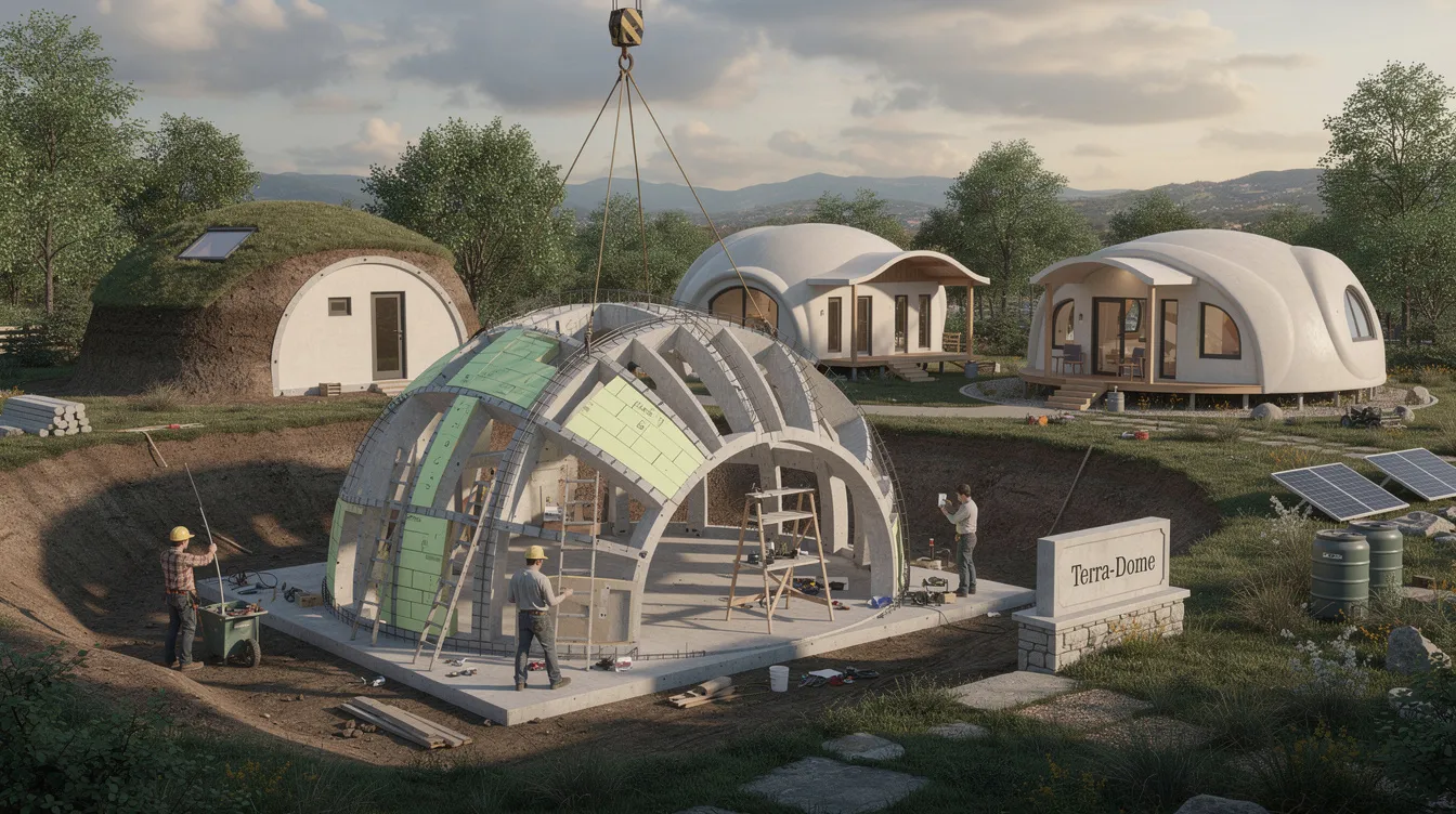 172a1e71b9a949398e061fd8ee44f3c1 The image showcases a variety of panelized or precast concrete dome house kits featuring steel reinforced panels and insulated concrete forms that can be assembled on site These dome structures designed for energy efficiency and durability represent modern sustainable living options suitable for residential use