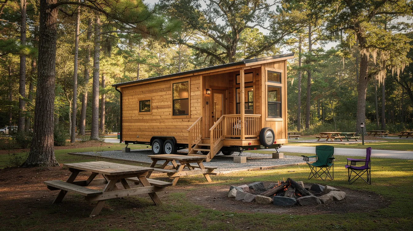 179ac32148384f929ba6f4acdf280263 A tiny house on wheels is parked in a serene wooded campground surrounded by picnic tables creating a cozy atmosphere for outdoor living This setting highlights the appeal of tiny home communities and the growing interest in tiny living while also raising questions about local zoning laws and tiny house regulations in New Jersey