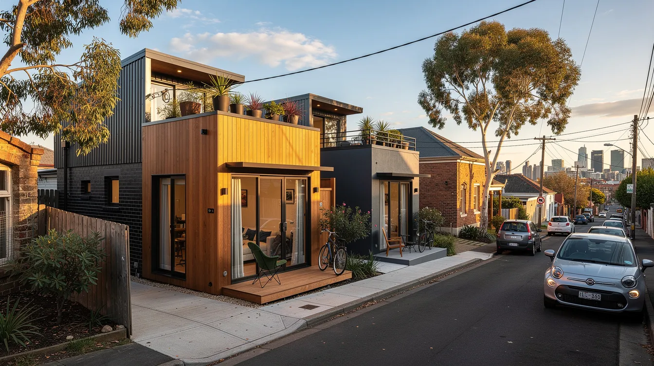 17b9f95f4dae46cfb61a4cb0570c678c The image showcases a collection of absolutely stunning tiny houses in Melbourne nestled within a peaceful tiny home community Each tiny home features a charming front door and is designed to maximize space offering residents an ideal living experience in this vibrant Australian city
