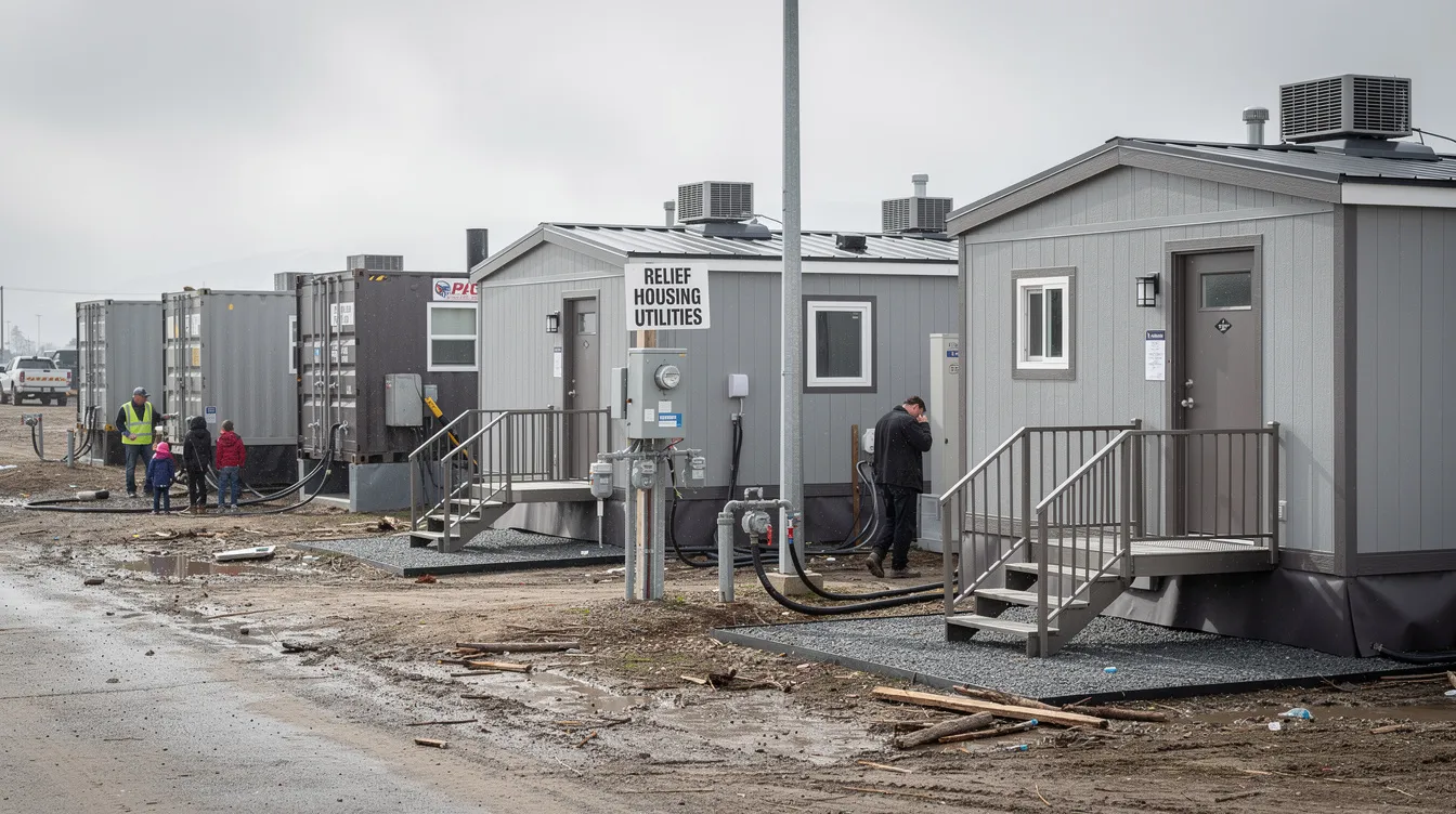 17ed7b8b631d49918d327450a04ec910 The image depicts a collection of rapidly deployable emergency housing units including prefab cabins and container shelters designed for disaster relief These portable cabins prioritize essential amenities and structural stability providing a safe and comfortable space for families and individuals displaced by natural disasters