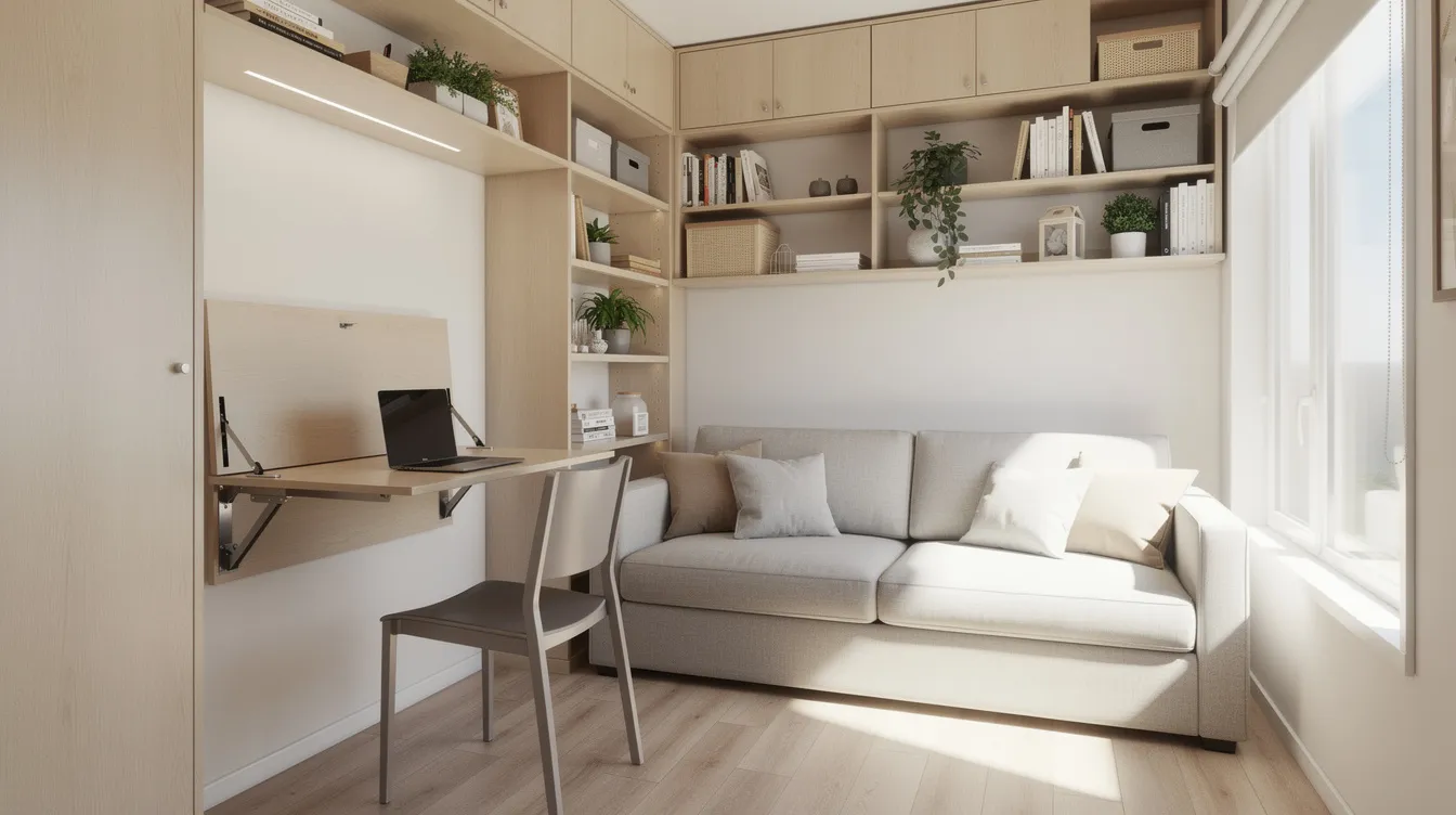 1831fefa4fe548abb538d79554b79f6f The image showcases a bright tiny house interior featuring a convertible sofa a fold down desk and built in shelving against light wood walls exemplifying efficient tiny house design This minimal space utilizes natural light and smart furniture choices to create a cozy living area perfect for the tiny house movement