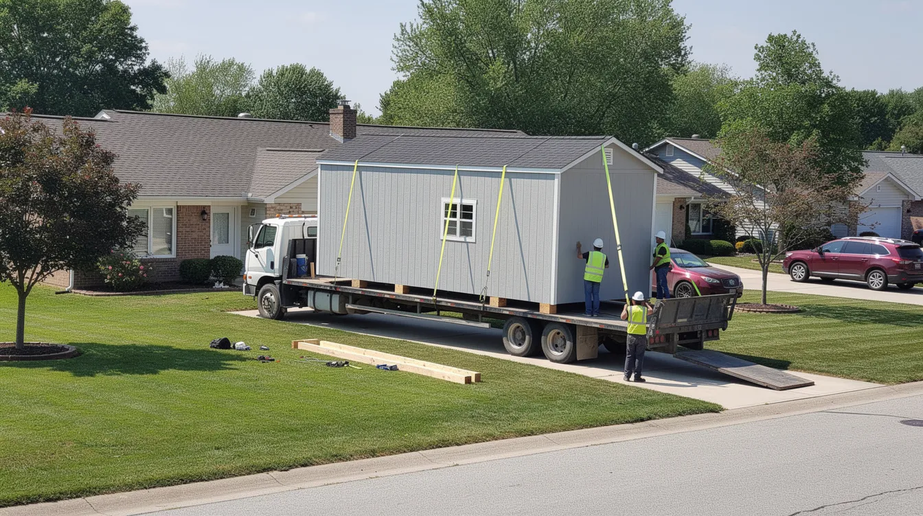 183d2f09195c4fe789b026ca88e82b44 A flatbed truck is delivering a large prefabricated tuff shed to a residential property showcasing the structure's painted walls and spacious design, ideal for use as a tiny house or storage shed. The scene captures the excitement of customers as they wait for their new portable building to be set in place.