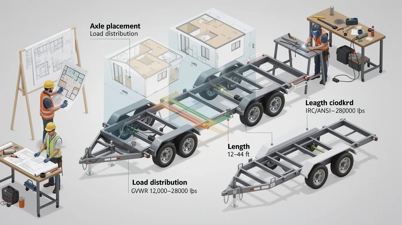 18a554fa0644497594e7b7fda3f733a4 The image depicts a custom tiny house trailer being designed by skilled manufacturers showcasing a sturdy trailer frame with precise axle placement for optimal balance This dedicated tiny house trailer is engineered to meet specific project needs ensuring a solid foundation for the tiny home build