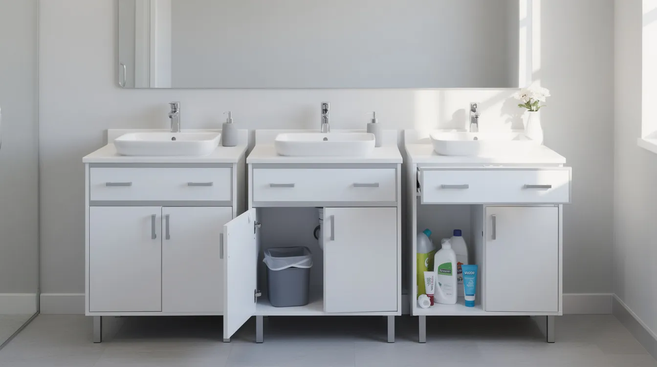 19731a6241af4807be7103984f2a39f5 The image features a compact bathroom vanity with an integrated sink measuring between 18 to 24 inches in width designed for small spaces It includes shallow drawers and a single door providing discreet storage for toiletries and cleaning supplies making it an ideal solution for tiny homes