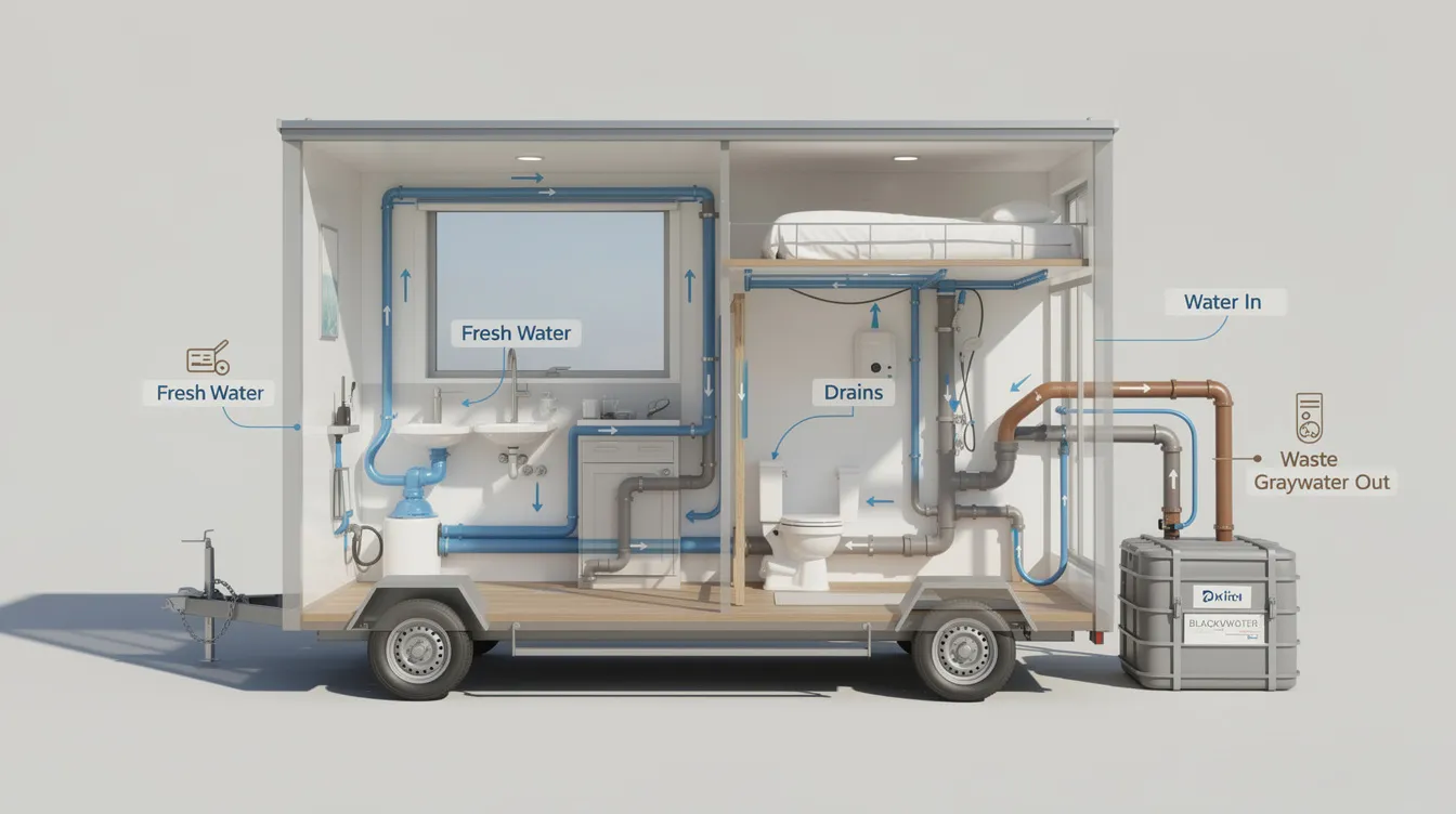 1a6ba31de06f40e19b9f1bfe55e25acc The image depicts the plumbing system in a tiny house showcasing fresh water lines drains and a composting toilet all designed for efficient use of space The sturdy construction features premium materials ensuring a cozy and functional bathroom layout for modern tiny home living