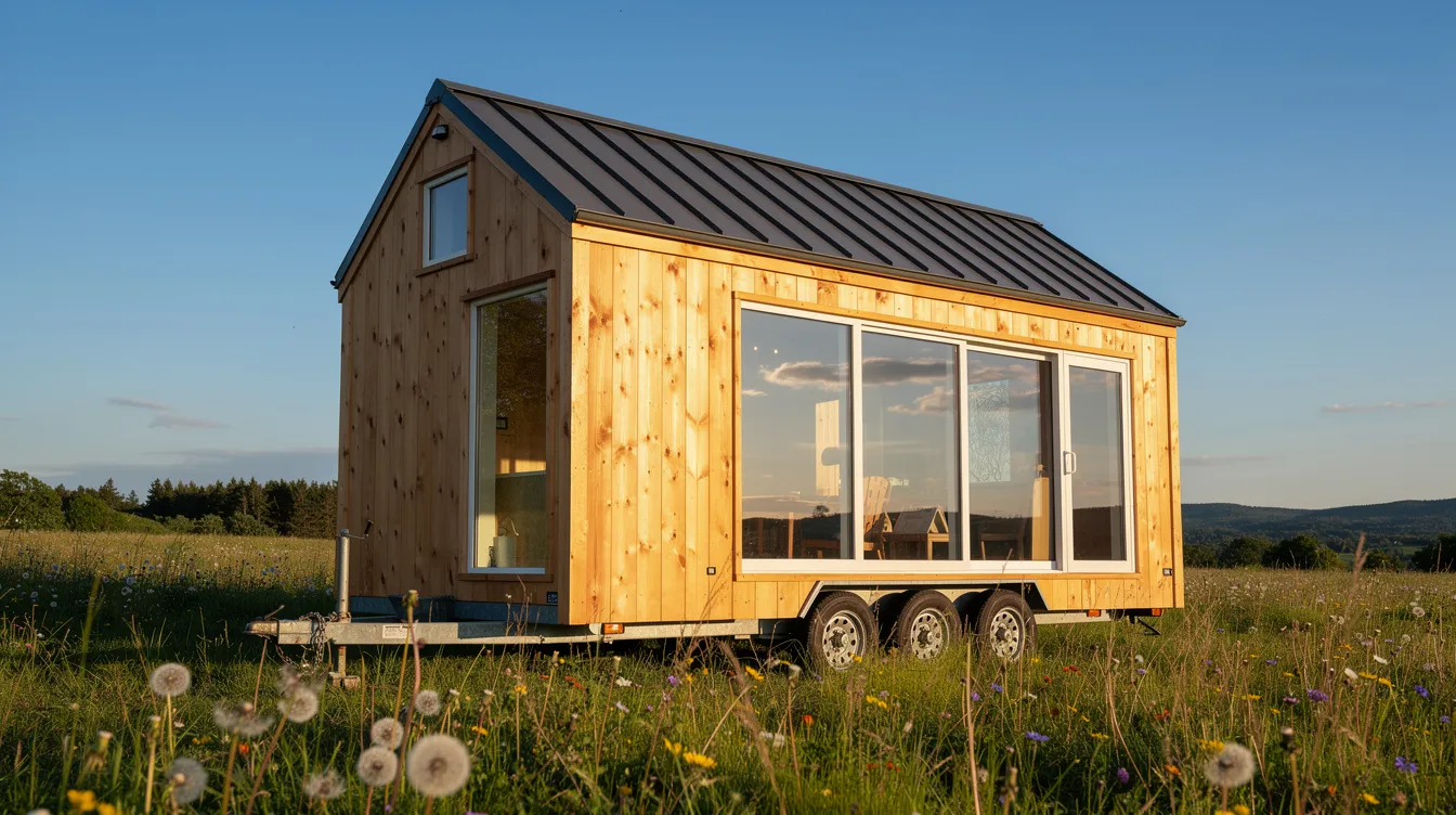 1bc6429e7ab54ac48f67059e883a307e A small wooden tiny home on wheels is parked in a sunny meadow featuring large windows and a metal roof that reflects the sunlight This tiny home is designed for efficient living showcasing a cozy space that can be equipped with an air conditioning unit or other heating solutions for comfortable temperature control