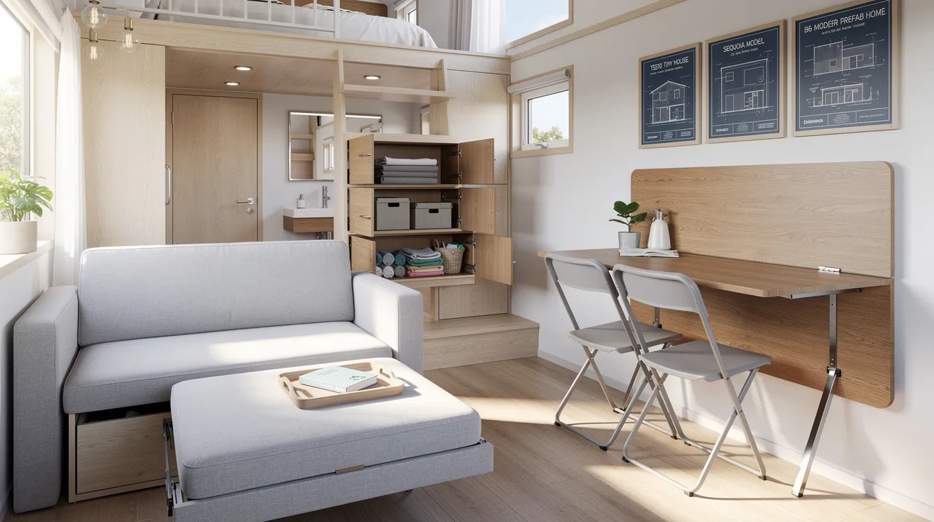 1c669122bd3a4d8083256f35273de658 The image features a cozy tiny home interior showcasing multi purpose furniture including a sofa that converts into a bed and a dining table that folds against the wall demonstrating effective storage solutions for tiny living This space exemplifies how smart design and premium materials can maximize functionality in a compact layout while promoting a clutter free lifestyle