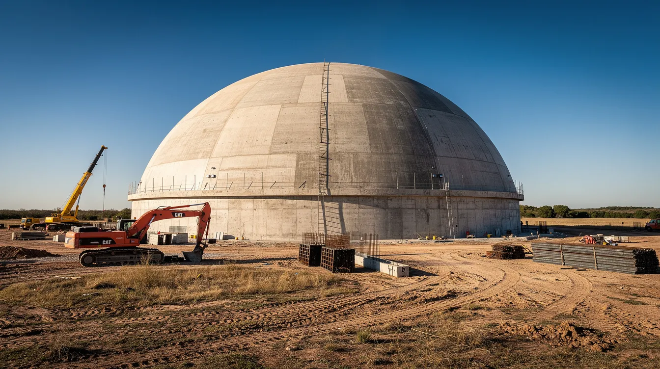 1d39cb5237d1420d8ca7987d648226cd A large concrete dome structure resembling an earth sheltered home stands prominently on open rural land in Texas surrounded by construction equipment under a clear sky This monolithic dome home is designed for energy efficiency showcasing alternative housing concepts that blend seamlessly with the landscape