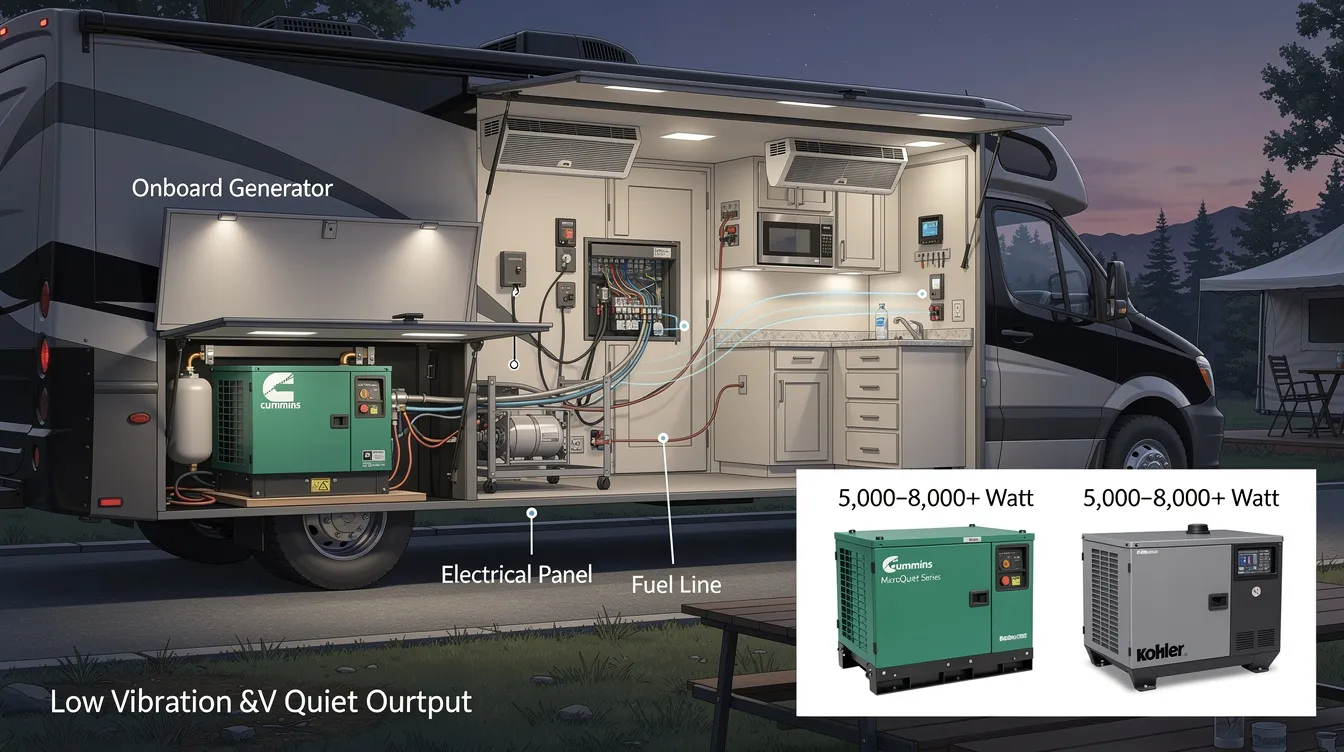 1d88780d6300405db0d935aeb677e9c1 The image showcases a built in Cummins RV generator designed for efficient power supply in larger motorhomes and fifth wheels It highlights features such as quiet operation and the ability to run multiple appliances including air conditioners while being directly connected to the RV's gas tank for fuel.