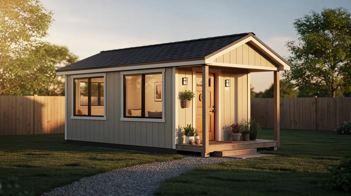 1e49dea1dc304abbbffdcee07d4fe508 The image shows a Tuff Shed home specifically the Sundance Series TR 1600 featuring a two story design with a classic manor style It includes a welcoming porch large windows and a deck making it an ideal tiny home or day cabin with a finished interior