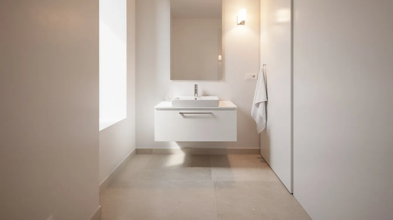 20d546ca8b1c4e0080263fc10afbb503 The image shows a small white floating vanity installed in a compact bathroom featuring light tile flooring The vanity cabinet includes a sink and faucet maximizing storage space while complementing the overall design of the small bathroom