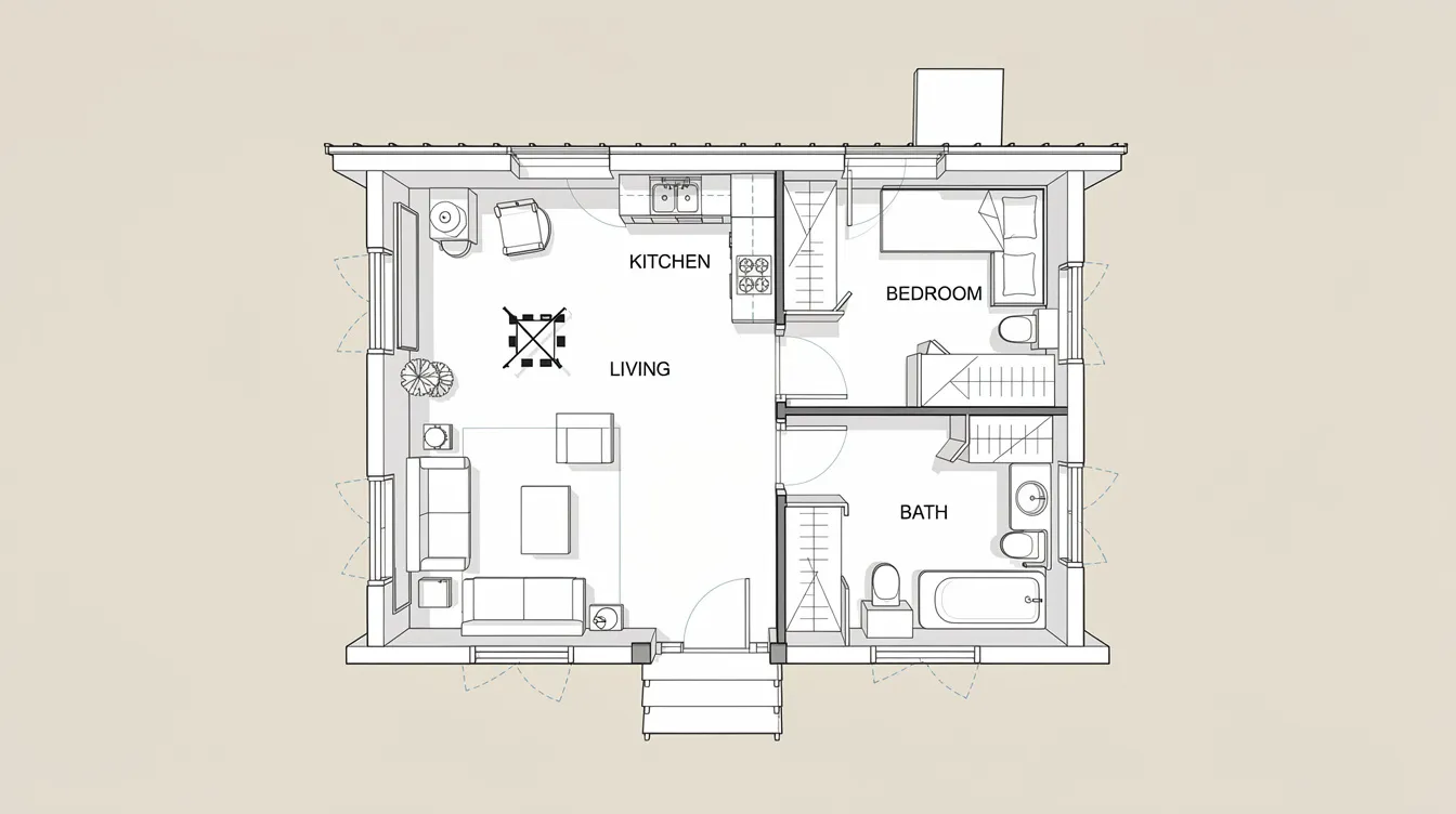 21101e5280e34d69abf878244eb1fe03 This top down image showcases a detailed layout of small home cabin plans featuring cozy living spaces with two bedrooms a bathroom and a welcoming front porch The design incorporates modern amenities and natural materials highlighting flexible layouts that maximize natural light through expansive windows perfect for a comfortable weekend getaway