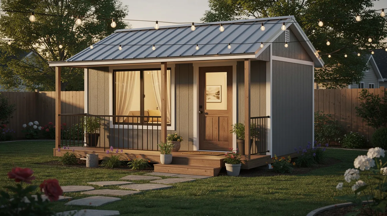 211c1f4adcbc4529a202a069f7d1e448 The image features a cozy Tuff Shed house specifically the Sundance TR 1600 model designed as a two story tiny home with a charming porch and large windows The rustic exterior and inviting deck create a warm atmosphere perfect for a day cabin or classic manor retreat