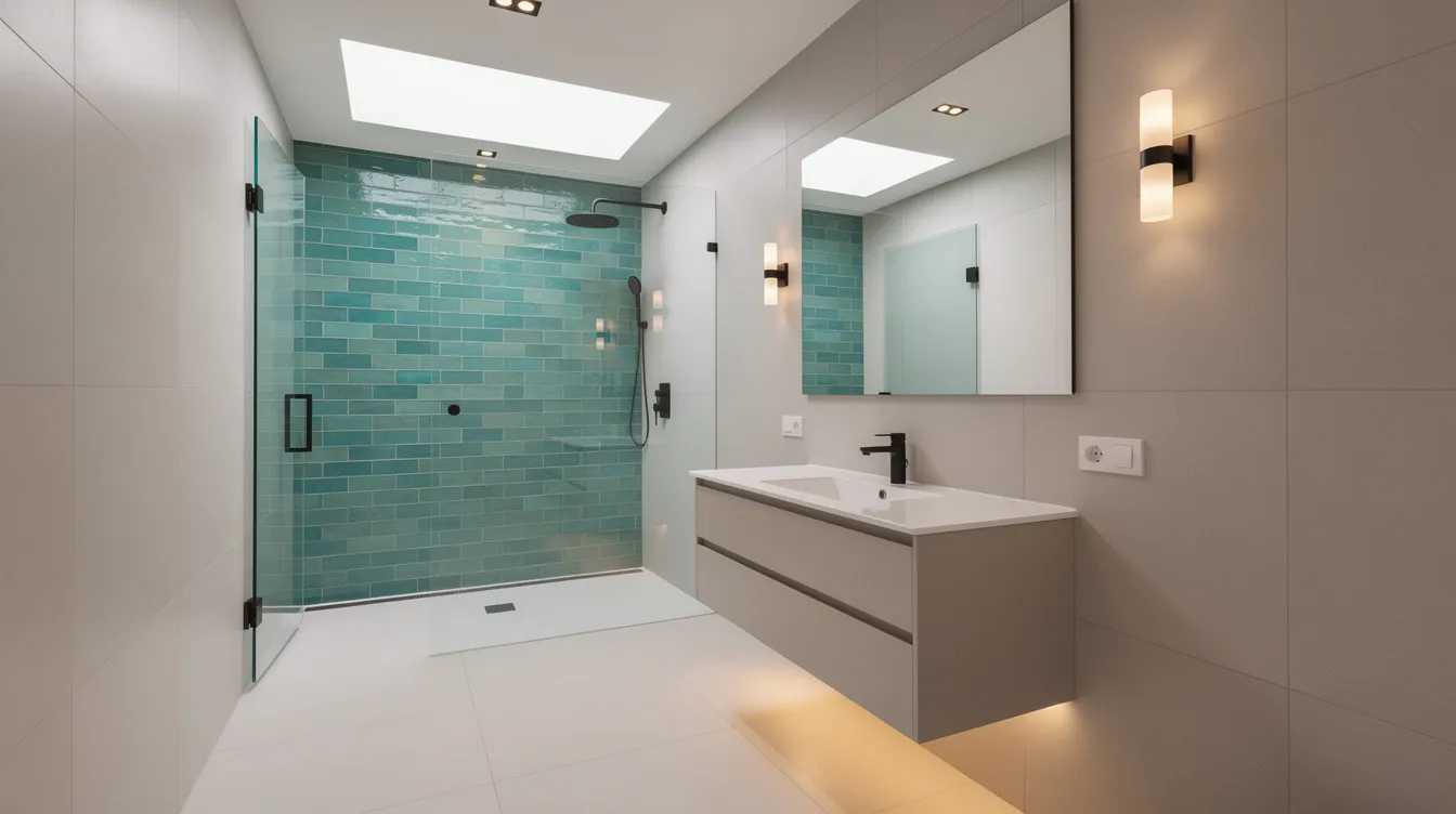 22ab5f25003c4b7fa3a700af9ad11d82 The image showcases a beautifully designed tiny bathroom featuring layered lighting including recessed ceiling fixtures and wall sconces which enhance the airy feel of the space Natural light floods in through a skylight above the shower complemented by aqua subway tiles creating a vibrant atmosphere while large format tiles and minimal frame glass maintain clean lines making the compact bathroom feel larger and more intentional