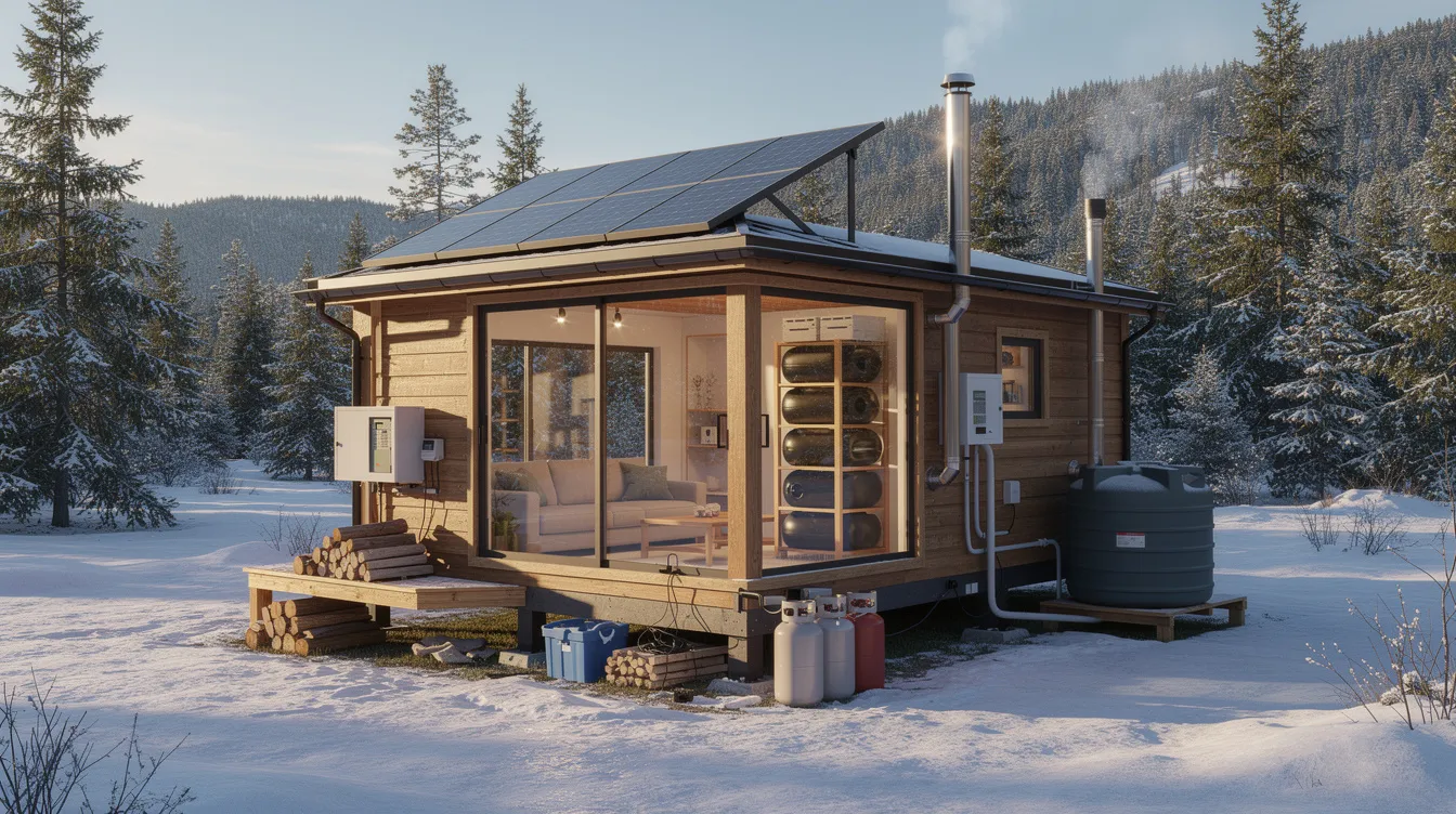 22e99835344f4e798ec977630507b4f7 The image depicts an off grid four season tiny house surrounded by a serene natural landscape showcasing its modern design and quality craftsmanship The cozy living space features large windows for passive solar heating a porch for outdoor relaxation and essential amenities like a compact kitchen and bathroom reflecting a lifestyle of financial freedom and self sufficiency