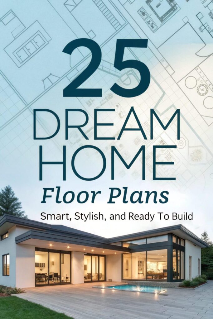 25 dream home plan ebook cover Book cover 25 Dream Home Floor Plans with a modern house and blueprint background behind the title informational