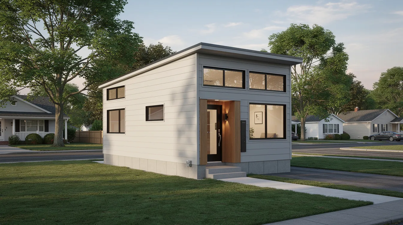2638da9f1de74e7597bfea806152c554 The image depicts a small modern tiny house on a concrete foundation nestled in a suburban neighborhood in New Jersey surrounded by trees and a well maintained lawn This tiny home represents the growing tiny house movement highlighting the potential for affordable housing within local zoning laws and residential zones