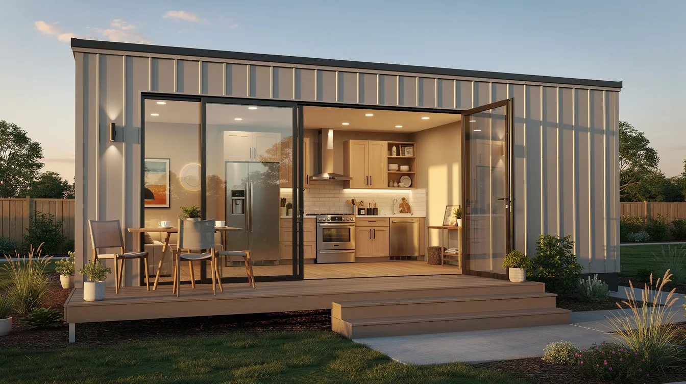 26424e396ffc4e7484ed6a7b078b717c The image showcases a stylish tiny home designed for Airbnb rentals featuring an open layout with large windows that invite natural light Its durable construction includes high quality materials and premium finishes with a welcoming porch that enhances guest appeal and reflects quality craftsmanship