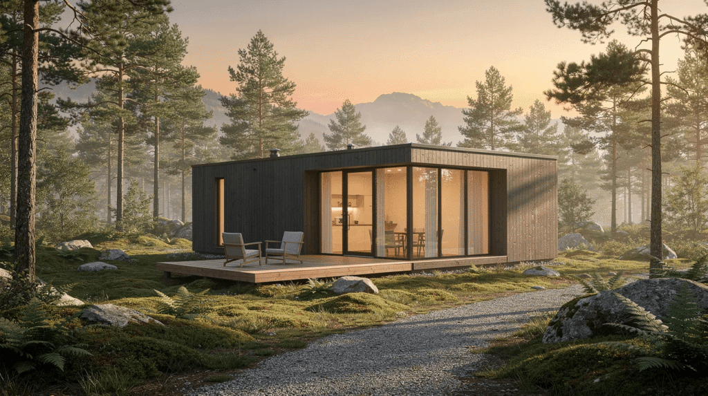 264aa3ec36ae4164a060e5342d0226c01 Modern black wooden cabin with large glass walls and a wooden deck set in a pine forest at sunset with two lounge chairs on the deck