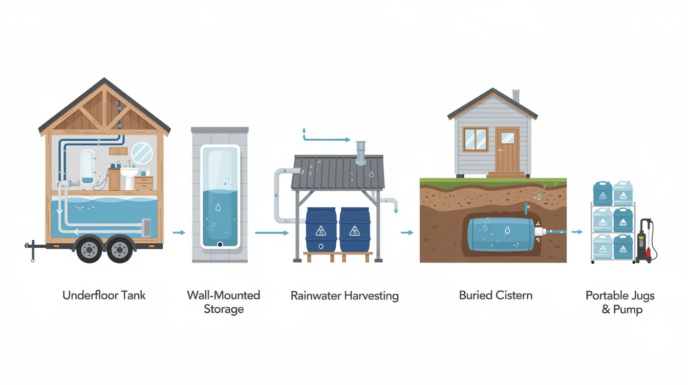 26c9cb7dd2b3453195e8f9995d129a23 The image depicts various water storage options for tiny houses including a compact tank connected pipes and a smaller pump system These elements are designed to provide pressurized water for essential tasks such as washing dishes and using a composting toilet ensuring reliable access to water in an off grid setting