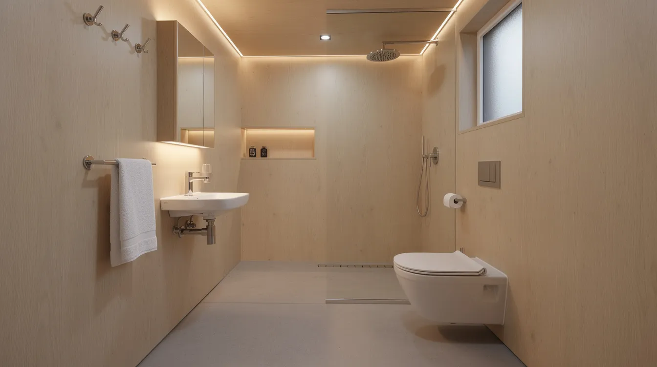 26db52dfe3654966ab12dab118450dc8 The image depicts a tiny house wet bathroom featuring a glass corner shower and a small sink designed to maximize space with ample storage options like floating shelves Natural light floods the entire room highlighting the efficient layout that includes a composting toilet and a stylish vanity making it a perfect solution for small bathrooms