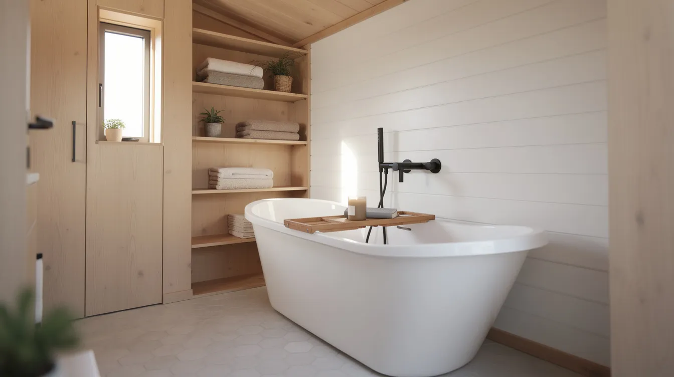 26fe10a60baa4ca4a7155ad406d590d7 The image features a cozy tiny home bathroom showcasing a stylish clawfoot tub perfect for small spaces The all tile floor complements the compact layout emphasizing the creative solutions for maximizing square footage in tiny living