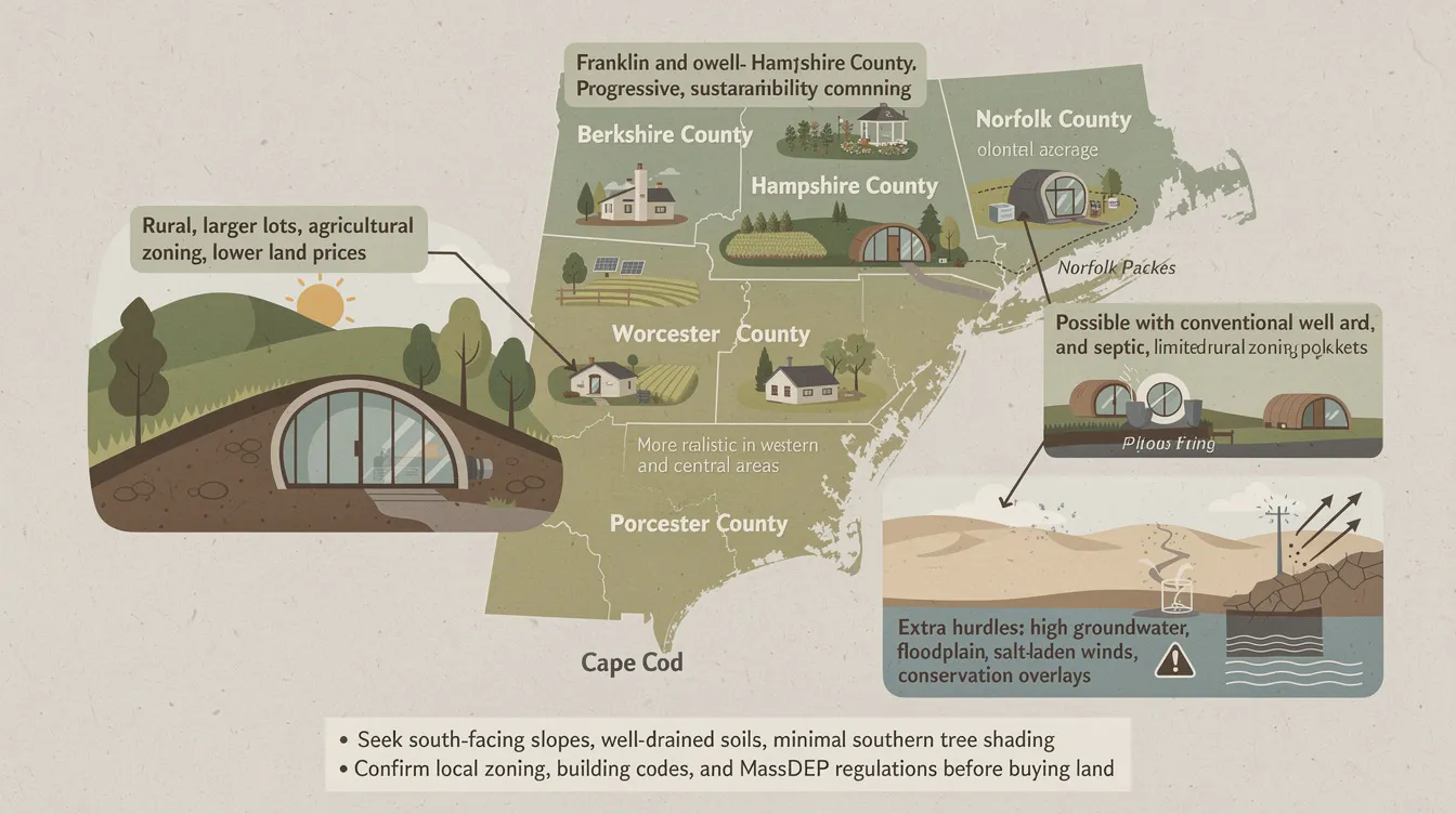 270ed808c3364d95b97163e6af228695 The image depicts a map of Massachusetts highlighting various counties suitable for Earthship construction such as Berkshire Franklin and Worcester Counties It emphasizes areas with agricultural zoning and sustainability minded communities showcasing the potential for earthship biotecture and radically sustainable living in these regions