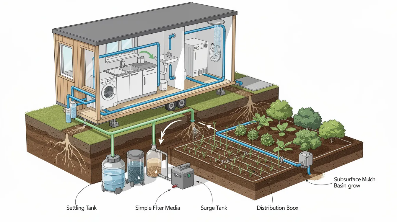 28fbde9e2cfe454f94bc6591561eaa6c This image illustrates a gray water system designed for a tiny house showcasing components like septic tanks pipes and a drain field The system efficiently manages wastewater from sources such as the bathroom sink kitchen sink and shower highlighting the importance of sustainable tiny house living and off grid solutions