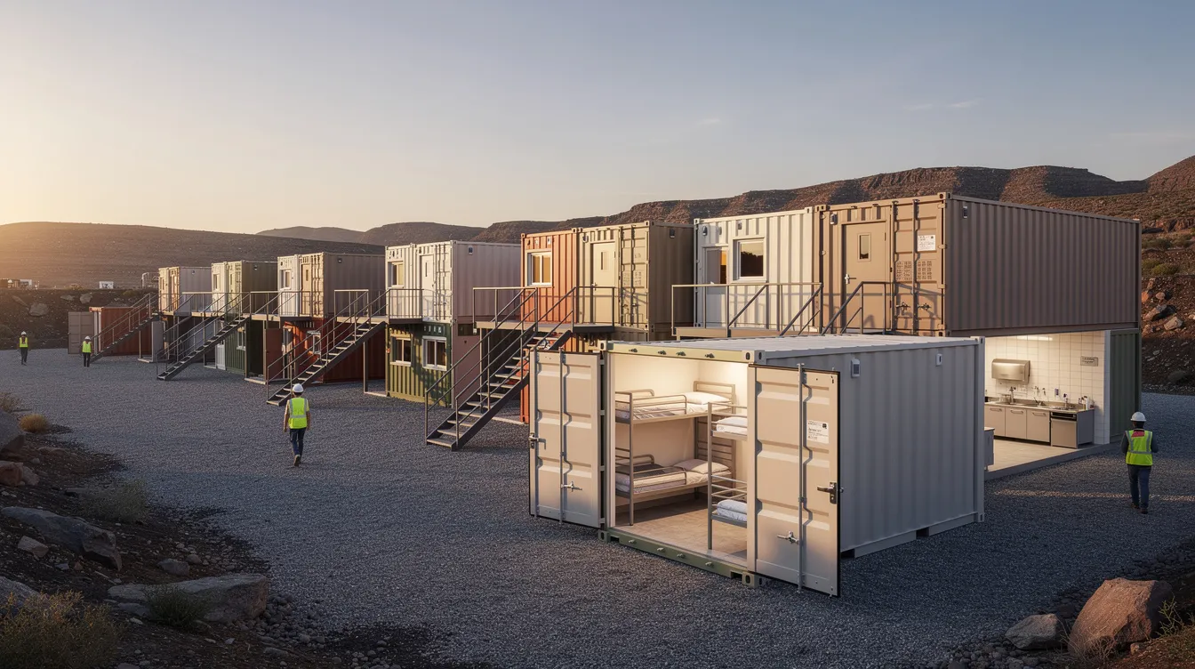 2980e8b9db594426a72d415e4558bb8c The image depicts a row of workforce housing units which are modular dormitory style buildings designed for construction crews or seasonal workers These portable houses often under 400 sq ft feature shared facilities and bunk configurations emphasizing durability and cost control for those seeking convenient and mobile living arrangements