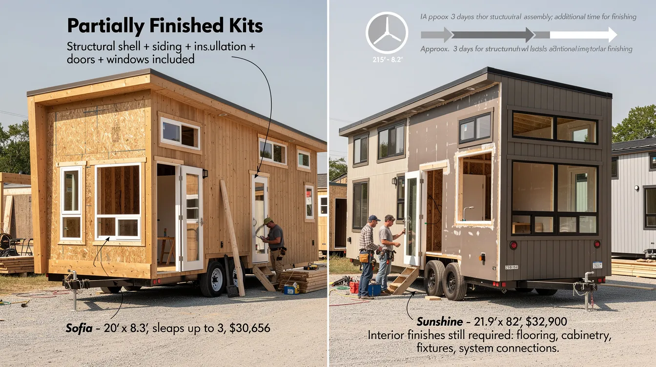 2b47bb428555402580a43fc07f3243b3 The image showcases two partially finished tiny homes the Sofia and Sunshine models highlighting their compact designs and essential features such as insulation windows and doors These mid range tiny homes priced between 000 and 000 offer a solid foundation for those searching for affordable small homes with the potential for personalized upgrades and finishing touches