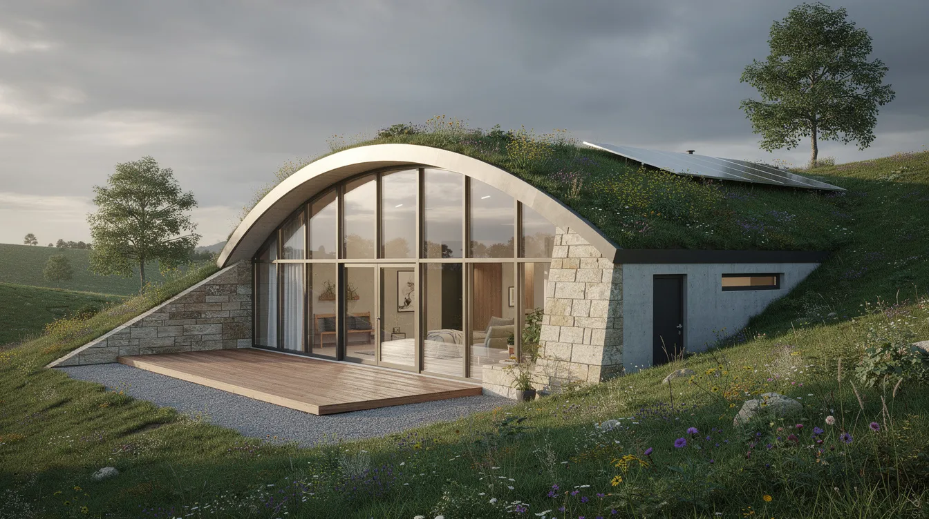2cd7b242e09f4045af4a667b34824c8a The image depicts a prefab earth sheltered home featuring concrete walls and a flat roof nestled into a hillside surrounded by a natural environment This energy efficient structure showcases large windows that provide ample natural light while minimizing outside noise exemplifying sustainable earth sheltered construction