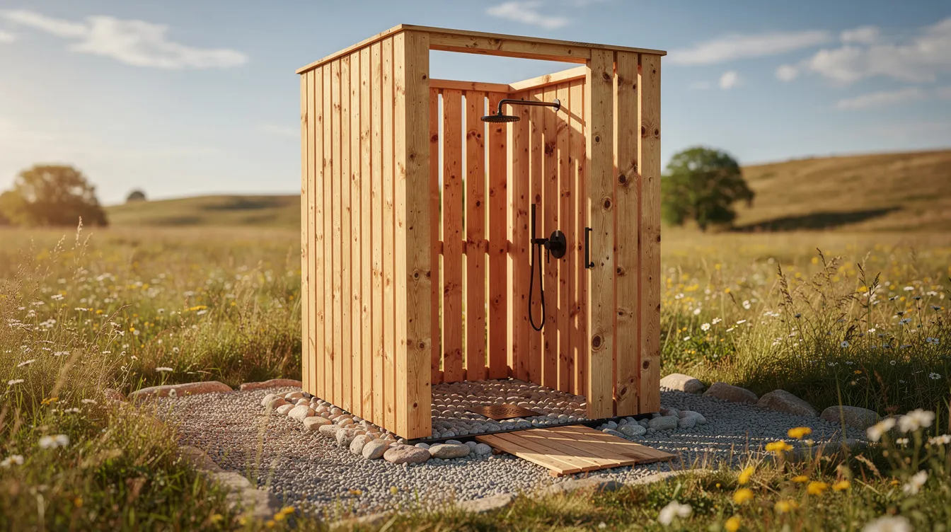 2d4d3ae823374a95834104e4eec292de A rustic cedar outdoor shower stall stands in a sunny meadow featuring slatted walls and a gravel base perfect for enjoying refreshing cold showers The natural setting provides a serene space to connect with nature while bathing outdoors