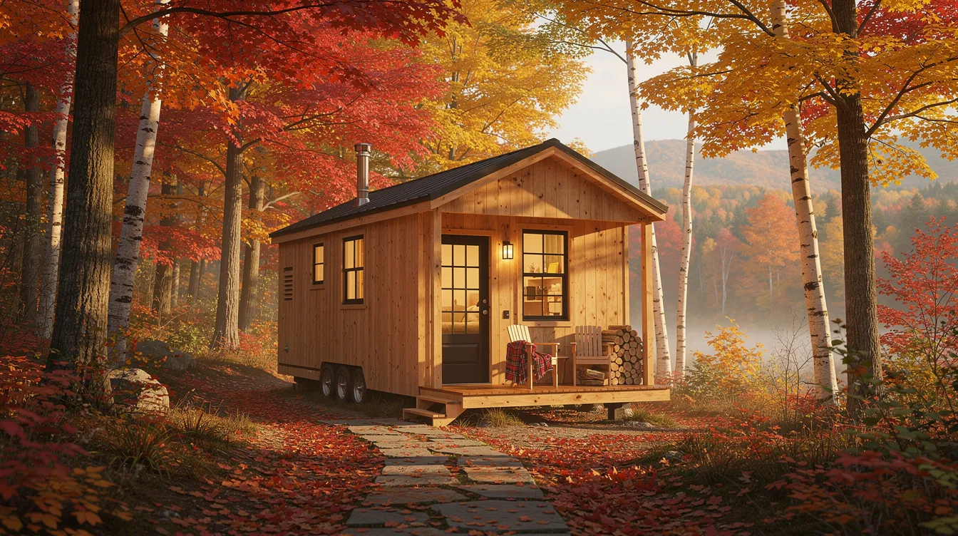 A cozy tiny home is nestled among vibrant trees displaying fall foliage in a picturesque New England setting reflecting the charm of tiny house living This scene captures the essence of tiny home communities in Connecticut offering a serene escape surrounded by nature