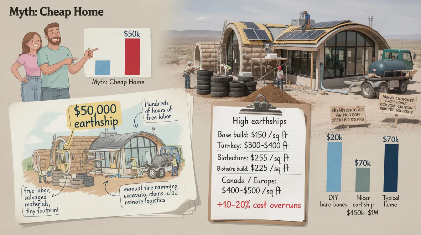 2ea1e8c1f83346068c4301547664fcec The image depicts a partially constructed earthship showcasing the use of old tires and rammed earth as building materials It highlights the extensive manual labor involved in earthship construction emphasizing the high upfront costs and the complexity of integrating sustainable design features like solar panels and greywater systems