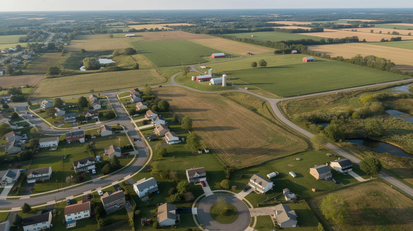 2f0033c5f0e7436ba47782744bdf7357 The aerial view captures a diverse New Jersey landscape showcasing a seamless transition from suburban homes to expansive rural farmland highlighting the varying housing options within the state This image reflects the potential for tiny home communities amidst the suburban sprawl emphasizing the importance of local zoning laws and building codes that affect tiny house living in New Jersey