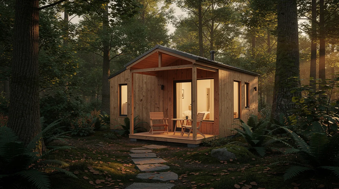2ffbce24bb21484a86e4ac0df5aa8f2c The image showcases a charming tiny house with a covered front porch large windows that invite natural light and warm natural wood siding all nestled among lush trees embodying the essence of the tiny house movement and outdoor living spaces This cozy design exemplifies efficient use of space and quality craftsmanship making it an ideal budget friendly starter home