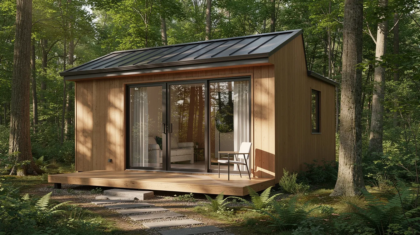 30c2b1998f4449afb27f6769d0106022 The image depicts the exterior of a modern tiny home featuring large glass doors a small wooden deck and a sleek metal roof all surrounded by lush trees This design exemplifies minimalist living with its innovative storage solutions and open floor plans making it a perfect example of contemporary tiny house plans