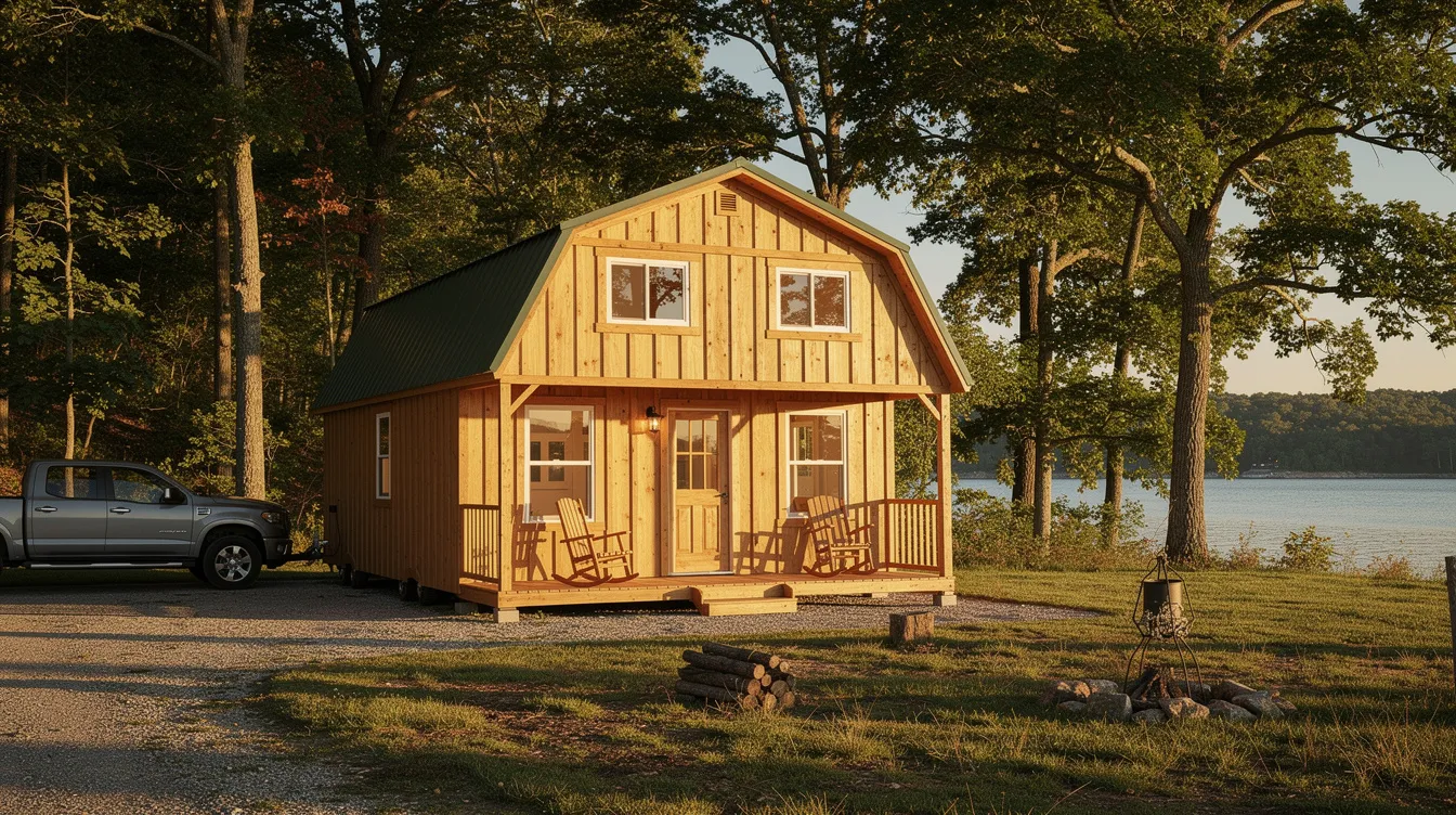3119ca14dbe948c5b6bba32760e40f9b The image showcases a lofted barn style cabin with a distinctive gambrel roof providing ample headroom and two 4 foot lofts for extra storage This modular cabin ideal for weekend retreats in Missouri features a charming porch and large windows creating a warm and inviting atmosphere for family gatherings or relaxation