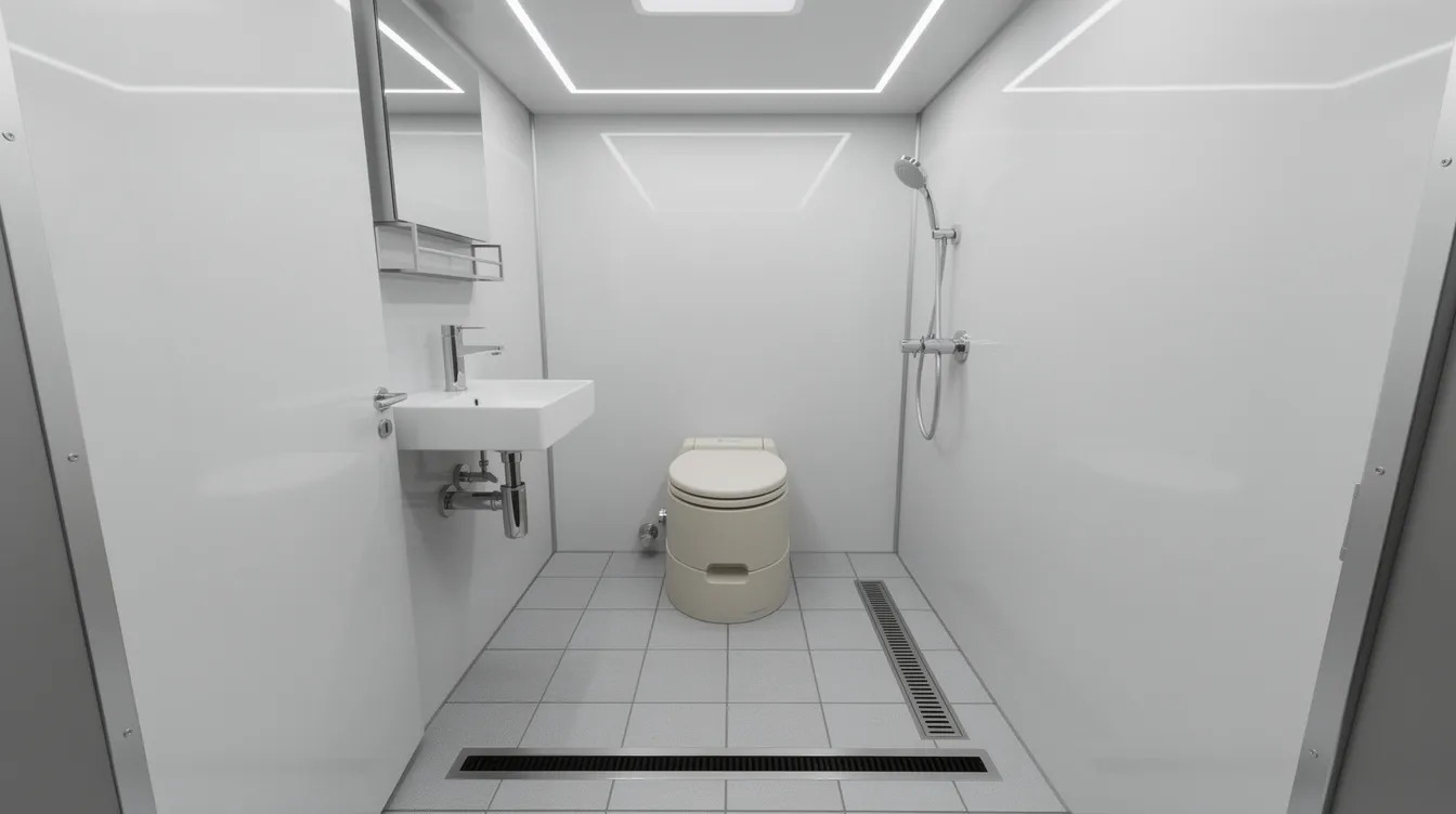 317763a970054409be243f40e5c7eb3d The image depicts a compact wet bath interior featuring a sloped tile floor a wall mounted showerhead a small sink and a composting toilet all designed to maximize functionality in a tiny house bathroom The layout emphasizes efficient use of space making it ideal for off grid living and small bathroom designs