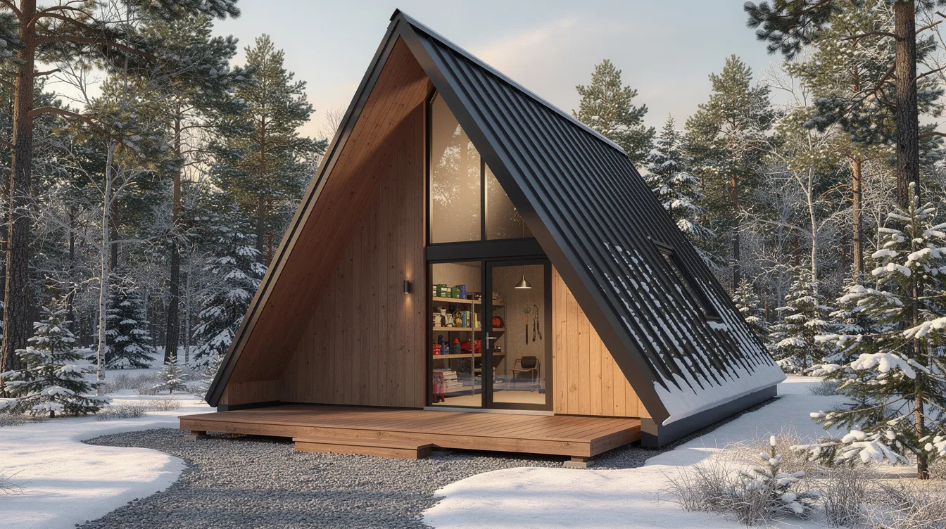 329631e3b89e49b0a0eb2b001af2dd93 The image depicts a modern A frame storage cabin with a steep triangular roof that extends close to the ground designed to facilitate snow runoff This compact structure resembling a tiny house features large windows and a small porch making it an ideal retreat or creative space on smaller sites