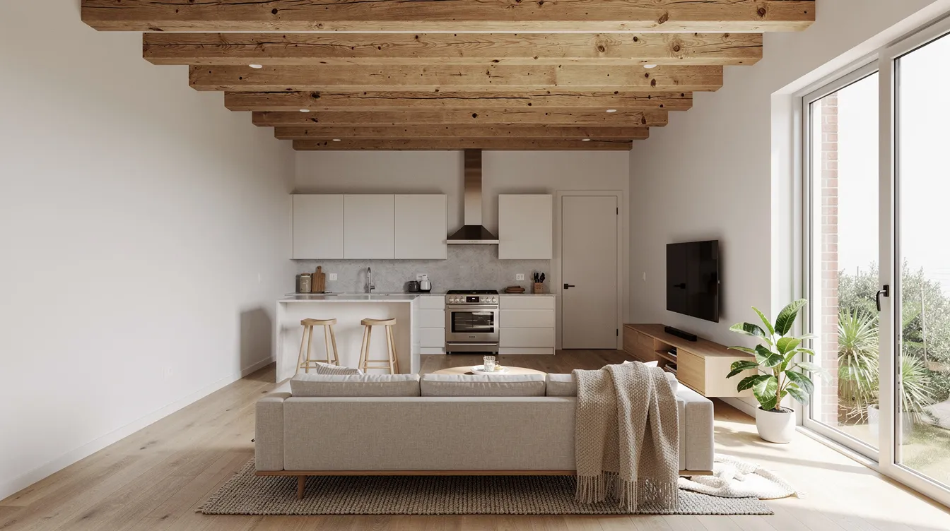 32c0418bc3254675af42a3b8bf072bdc The image shows the interior of a compact open concept kitchen and living area in a tiny farmhouse featuring exposed wood beams and large windows that allow plenty of natural light to fill the cozy space The design combines modern farmhouse charm with functionality making it an ideal living space for those who appreciate simplicity and comfort